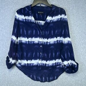 INC Blouse Women 6 Blue Tie Dye‎ Roll Sleeve Boho Hippie High Low Hem Bling